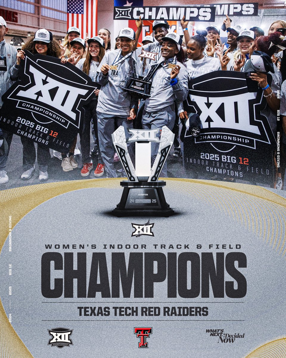 Big 12 Conference (@big12conference) on Twitter photo CHAMPS 🏆
Congratulations to <a href="/TexasTechTF/">Texas Tech Track & Field</a> for claiming the 2025 Big 12 Women's Indoor Track & Field Championship. CHAMPS 🏆
Congratulations to <a href="/TexasTechTF/">Texas Tech Track & Field</a> for claiming the 2025 Big 12 Women's Indoor Track & Field Championship.