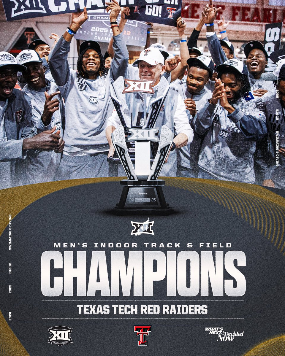 Big 12 Conference (@big12conference) on Twitter photo CHAMPS 🏆
Congratulations to <a href="/TexasTechTF/">Texas Tech Track & Field</a> for claiming the 2025 Big 12 Men's Indoor Track & Field Championship. CHAMPS 🏆
Congratulations to <a href="/TexasTechTF/">Texas Tech Track & Field</a> for claiming the 2025 Big 12 Men's Indoor Track & Field Championship.