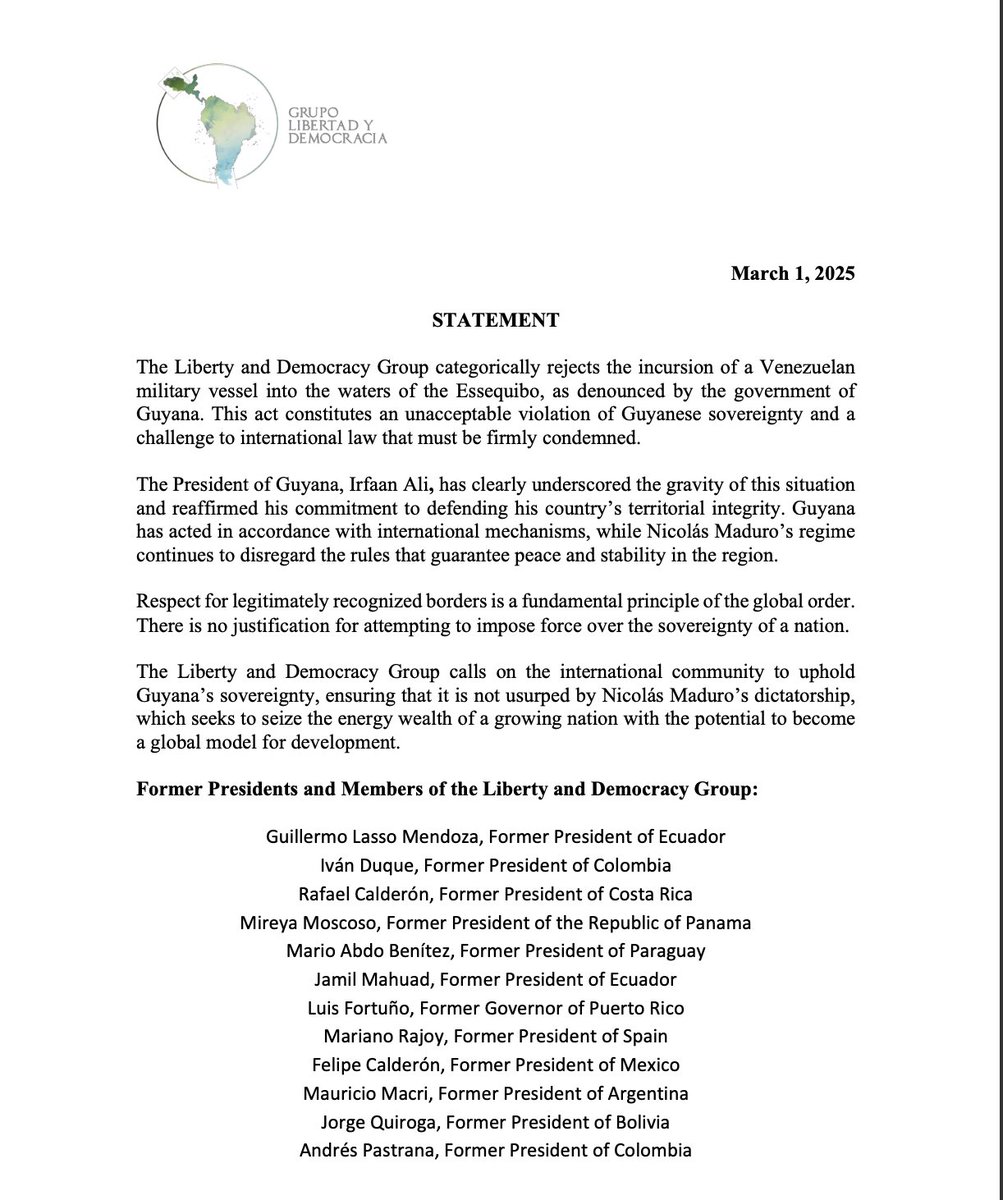 Grupo Libertad y Democracia - Oficial (@grupolyd) on Twitter photo The Grupo Libertad y Democracia condemns Nicolás Maduro's dictatorship's aggression against Guyana's democracy and territorial integrity. All our support and solidarity to President Dr. Irfaan Ali (<a href="/presidentaligy/">President Dr Irfaan Ali</a>) and the people of Guyana.
grupolibertadydemocracia.org/declaraciones/… The Grupo Libertad y Democracia condemns Nicolás Maduro's dictatorship's aggression against Guyana's democracy and territorial integrity. All our support and solidarity to President Dr. Irfaan Ali (<a href="/presidentaligy/">President Dr Irfaan Ali</a>) and the people of Guyana.
grupolibertadydemocracia.org/declaraciones/…