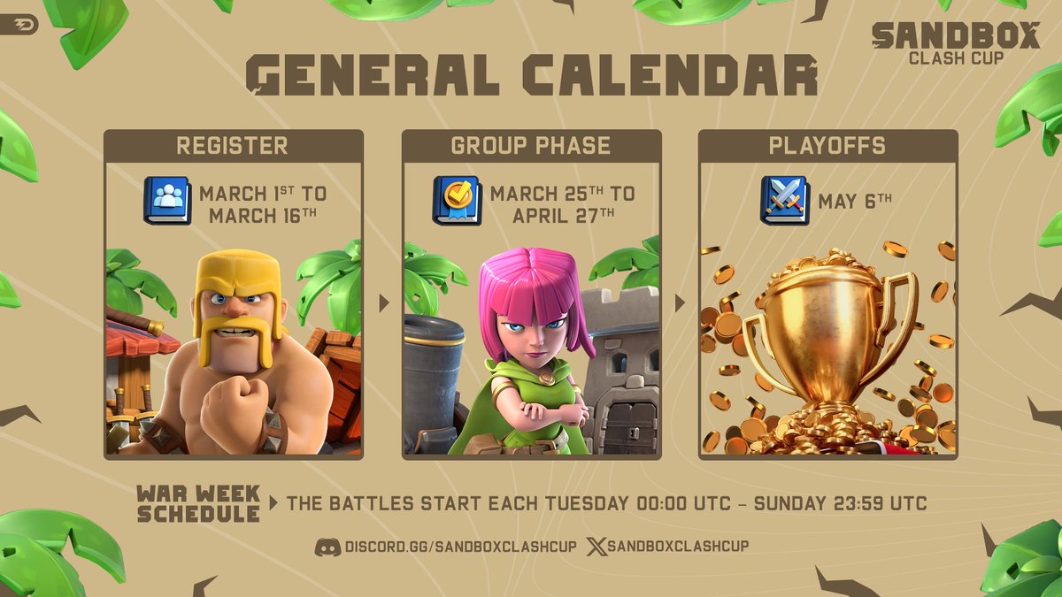 Sandbox Clash Cup (@sandboxclashcup) on Twitter photo THE SANDBOX CLASH CUP HAS OPENED APPLICATIONS‼️$2,500 PRIZE POOL ‼️
-
-
We will be hosting divisions for Town halls 5 all the way to town hall 17, so be sure to come check us out and see what we are about!
-
-
Registration period ends March 16th at 23:59 UTC so make sure you grab THE SANDBOX CLASH CUP HAS OPENED APPLICATIONS‼️$2,500 PRIZE POOL ‼️
-
-
We will be hosting divisions for Town halls 5 all the way to town hall 17, so be sure to come check us out and see what we are about!
-
-
Registration period ends March 16th at 23:59 UTC so make sure you grab