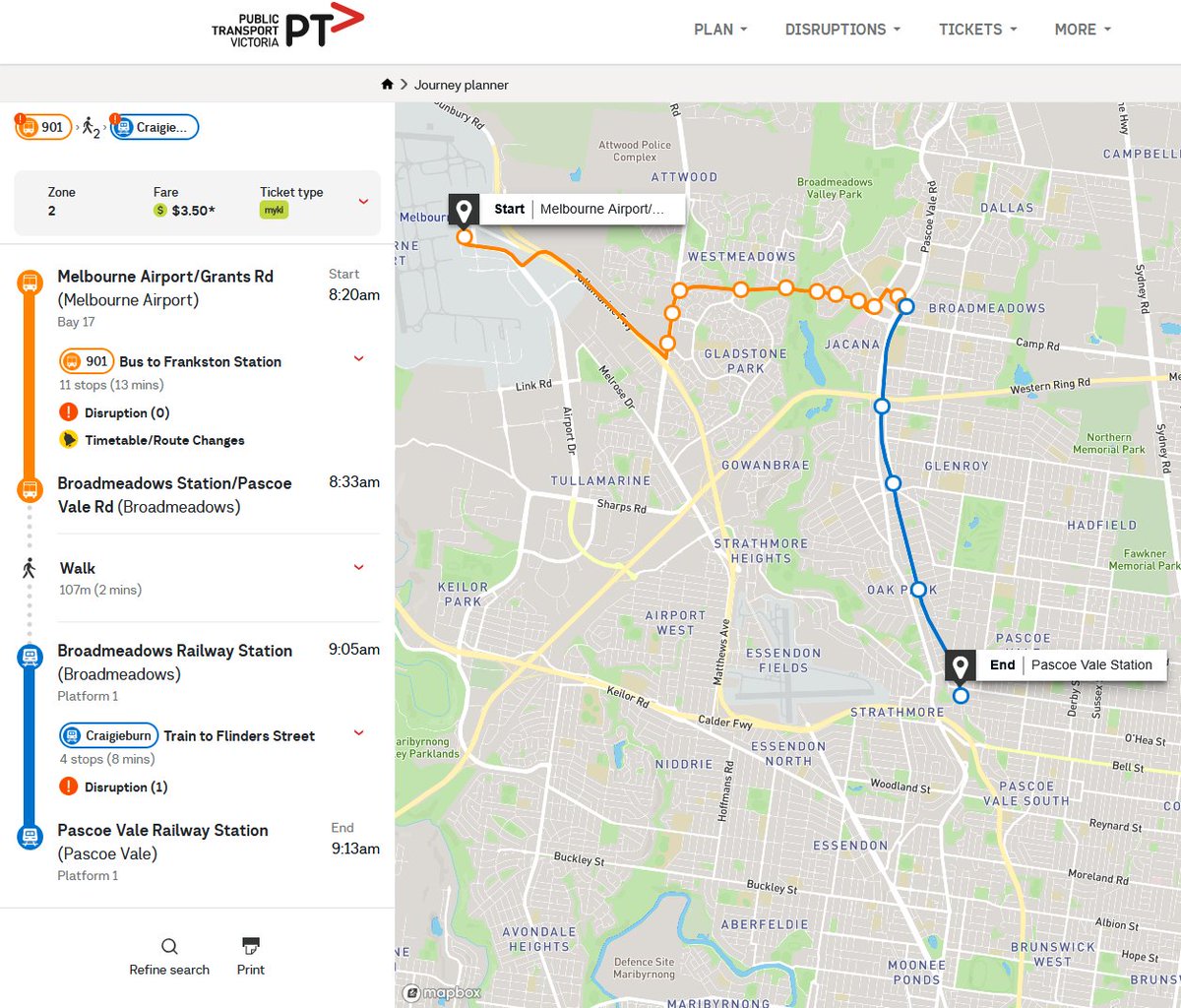 ptua's tweet photo. Melbourne Airport to Pascoe Vale: 9km as the crow flies.
By public transport at 8:15am on a Sunday morning? 53 minutes, including a 32 minute wait at Broadmeadows due to infrequent services. #TimewastingTimetables #MoreServicesNow https://t.co/Oq2kQq8BtP
