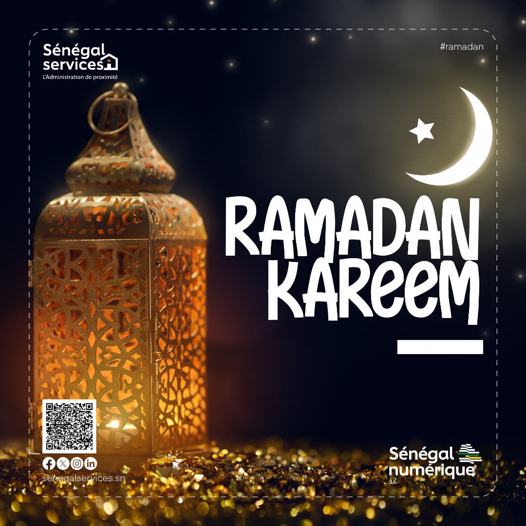 Toute l'équipe de Sénégal Services vous souhaite un très bon Ramadan. 🌙✨ 
Qu'Allah accepte notre jeûne et exauce nos prières.

#RamadanMoubarak #Kooroudiam #GuichetUnique