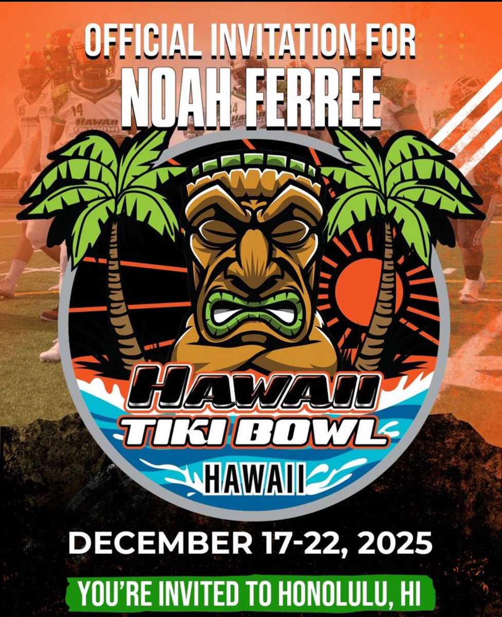 NoahFerree's tweet image. Blessed to receive a invitation to the Hawaii tiki bowl. Thank you coach @FillippSAU for the invite