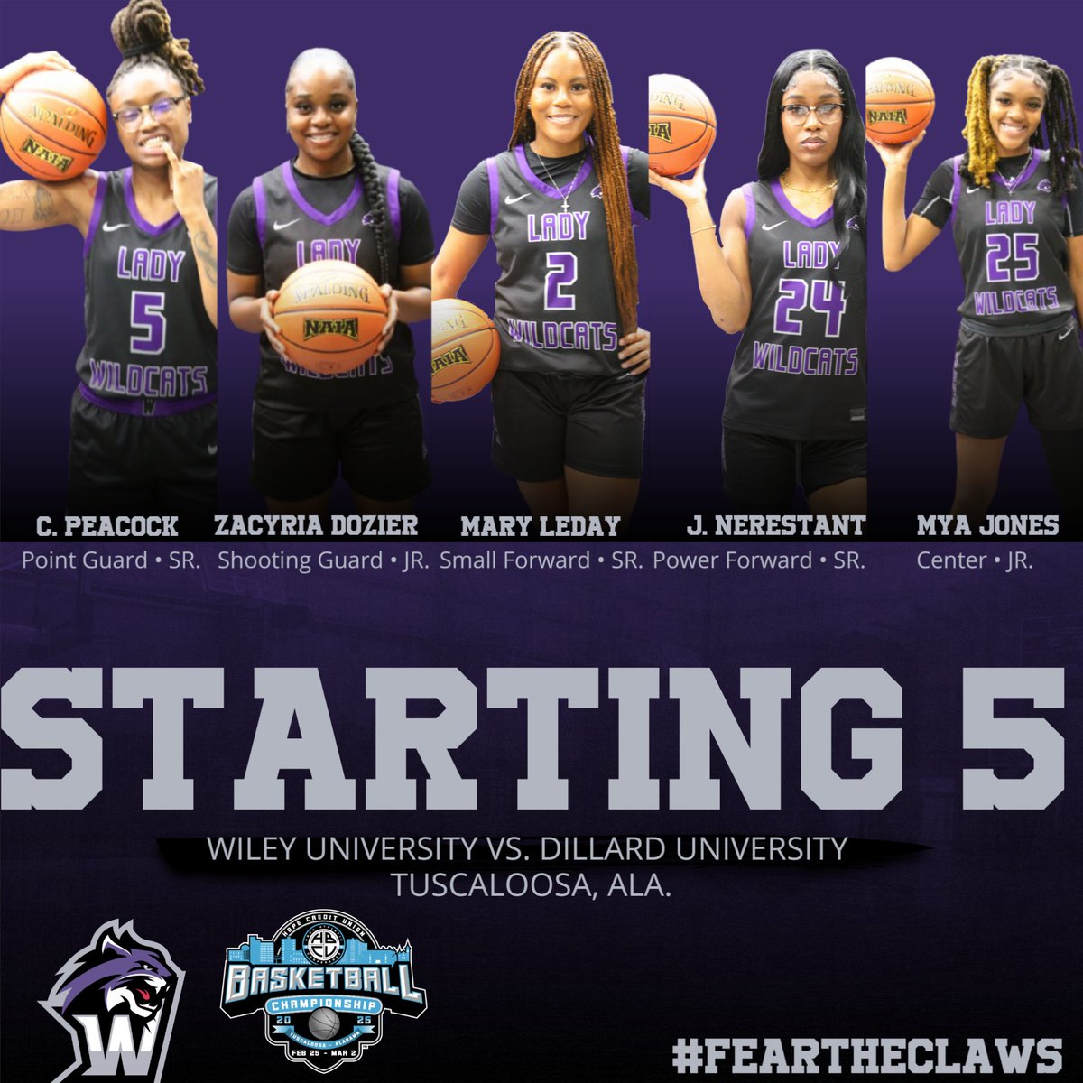 WileyAthletics's tweet image. Our Starting 5 for the HBCUAC Semifinals. #FeartheClaws #WhereWinnersThrive #BeIrreplaceable #ProgressoverPerfection #GoForthInspired