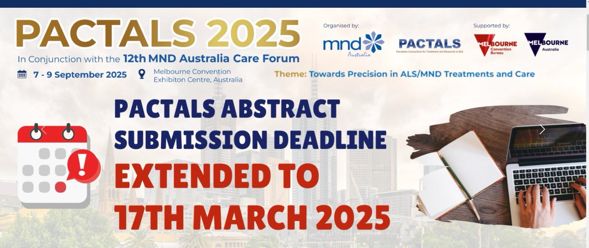 PACTALS (@pactals) on Twitter photo PACTALS 2025
Abstract submission deadline extended for a further 2 weeks - join us in Melbourne this September
<a href="/NgoShyuan/">Shyuan Ngo 🧠🔬🧫👩🏻🍳😻</a> <a href="/MND_RIA/">MND Research Australia</a> <a href="/mndaustralia/">MND Australia</a> <a href="/ALSMNDAlliance/">ALS/MND Alliance</a> <a href="/nervecentrals/">Professor Matthew C. Kiernan AM Nerve Centrals</a>
pactalscongress.com PACTALS 2025
Abstract submission deadline extended for a further 2 weeks - join us in Melbourne this September
<a href="/NgoShyuan/">Shyuan Ngo 🧠🔬🧫👩🏻🍳😻</a> <a href="/MND_RIA/">MND Research Australia</a> <a href="/mndaustralia/">MND Australia</a> <a href="/ALSMNDAlliance/">ALS/MND Alliance</a> <a href="/nervecentrals/">Professor Matthew C. Kiernan AM Nerve Centrals</a>
pactalscongress.com