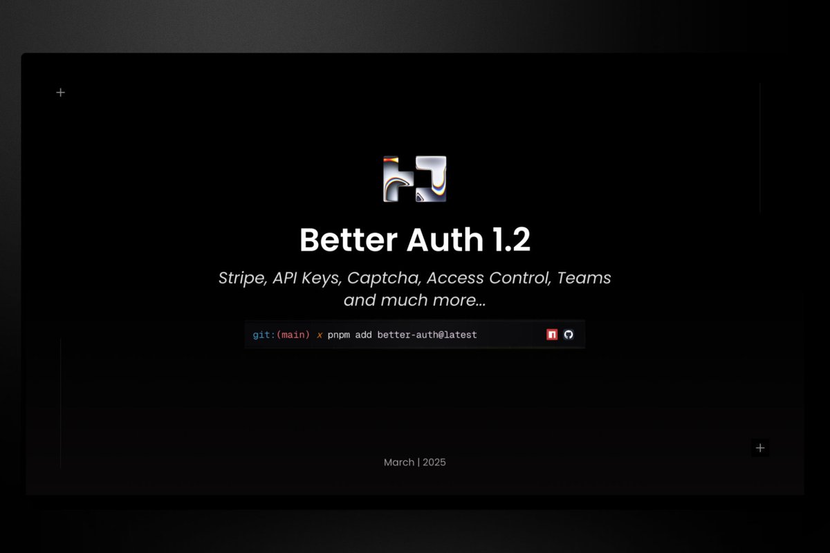 Better Auth 1.2

stripe plugin, api keys plugin, captcha plugin, access control, teams/sub-orgs, init cli and much more...

release note ⇃reply⇂