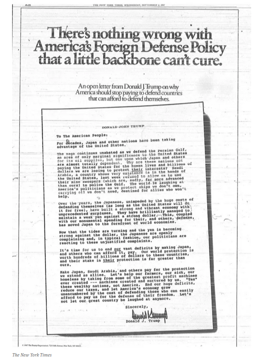 There has been a real conspiracy playing out in the US for a long time. Trump is a groomed Russian asset. It all began during a trip to Moscow in late 1987. Days after he returned, Trump paid ~$100K for an ad in the NYT trumpeting (Russian) complaints. #TrumpIsARussianAsset