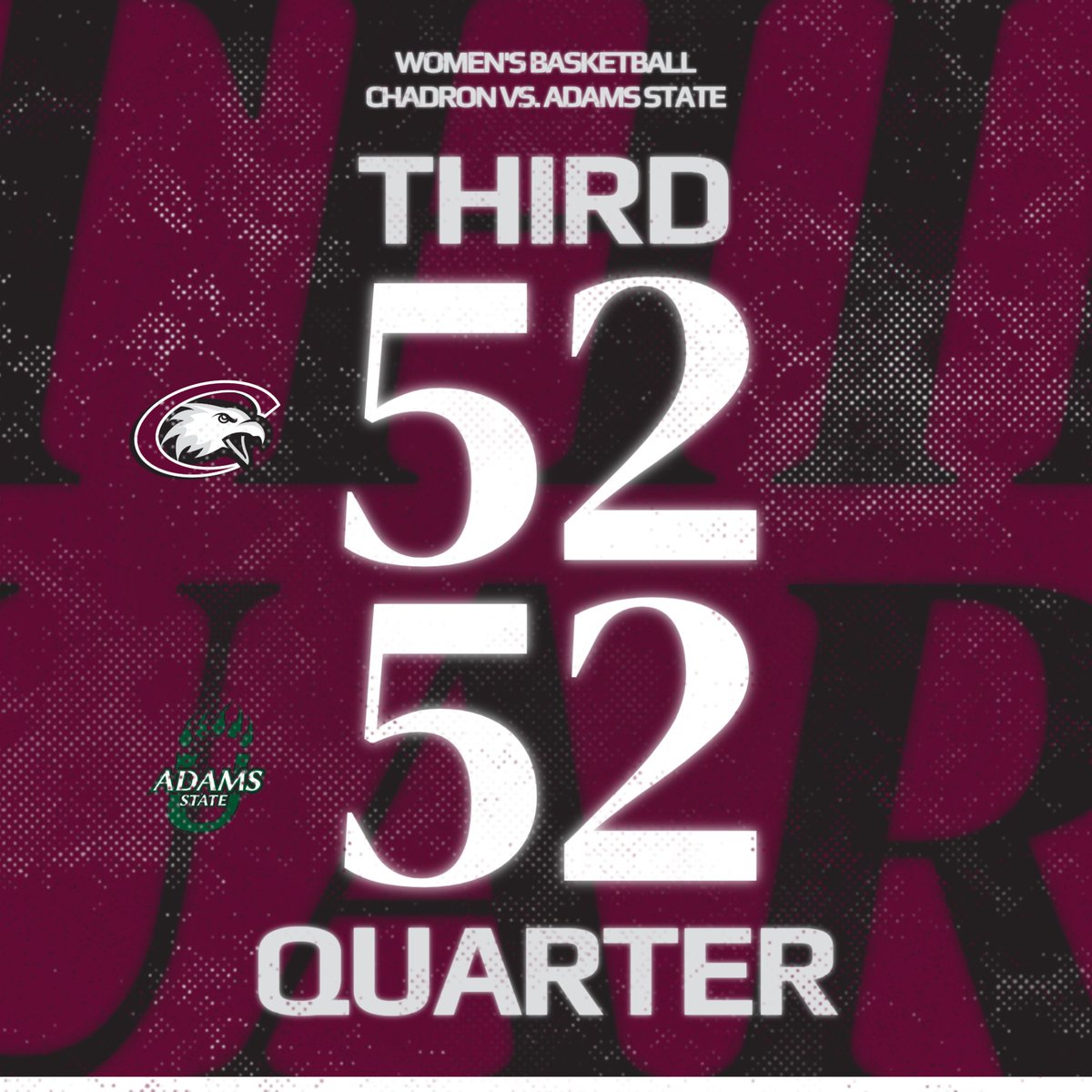 After the third quarter, we are tied, 52-52.

Megan Counts - 10 pts, 7 reb
Ashayla Powers - 10 pts