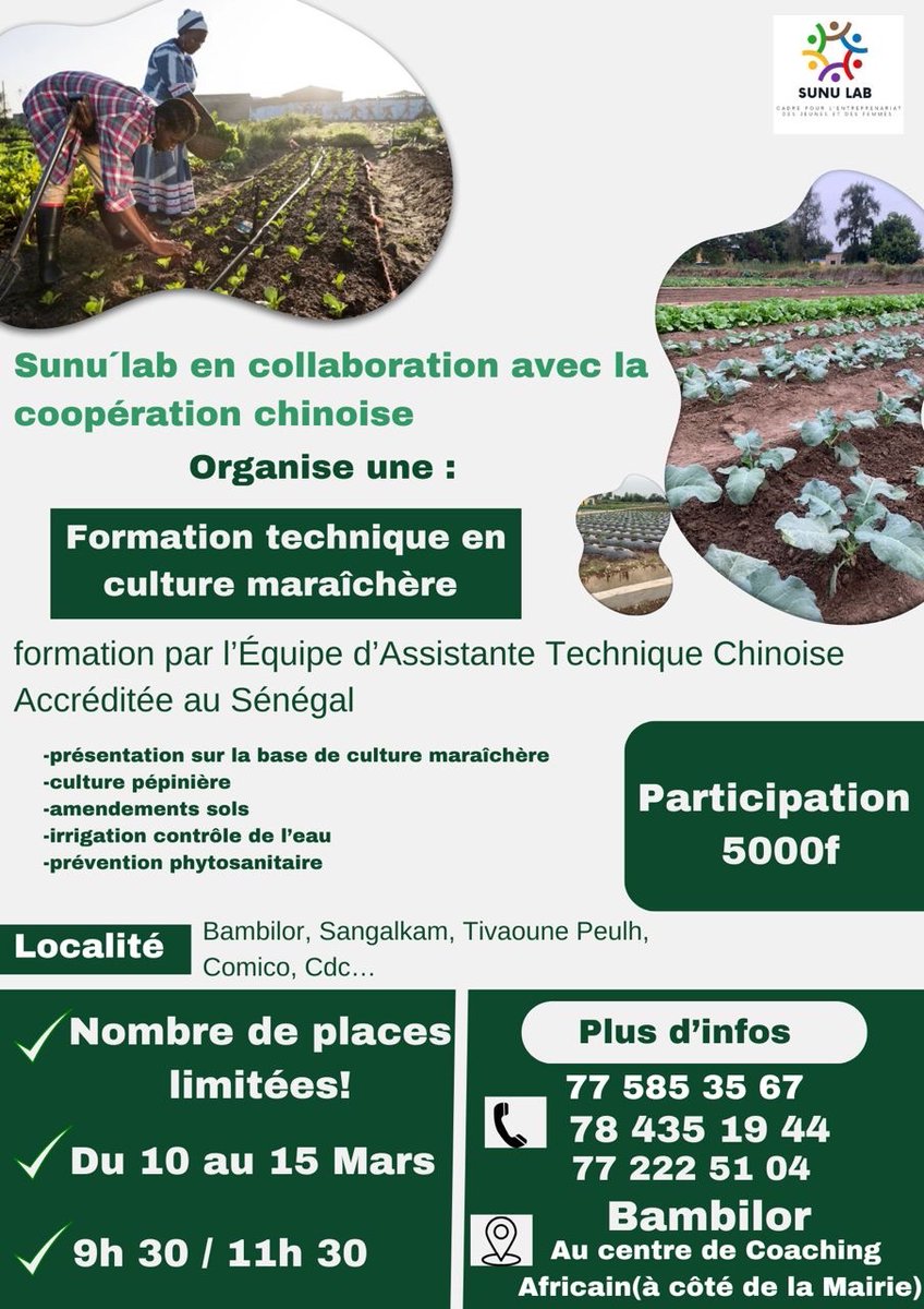 Et si l’autonomie alimentaire commençait par savoir ce qu’on met dans son assiette ?
5 jours de formation au CCA avec l’équipe d’Assistance technique Agricole Chinoise Accréditée au Sénégal 
Cibles : jeunes /femmes / groupements 
Sunu’lab