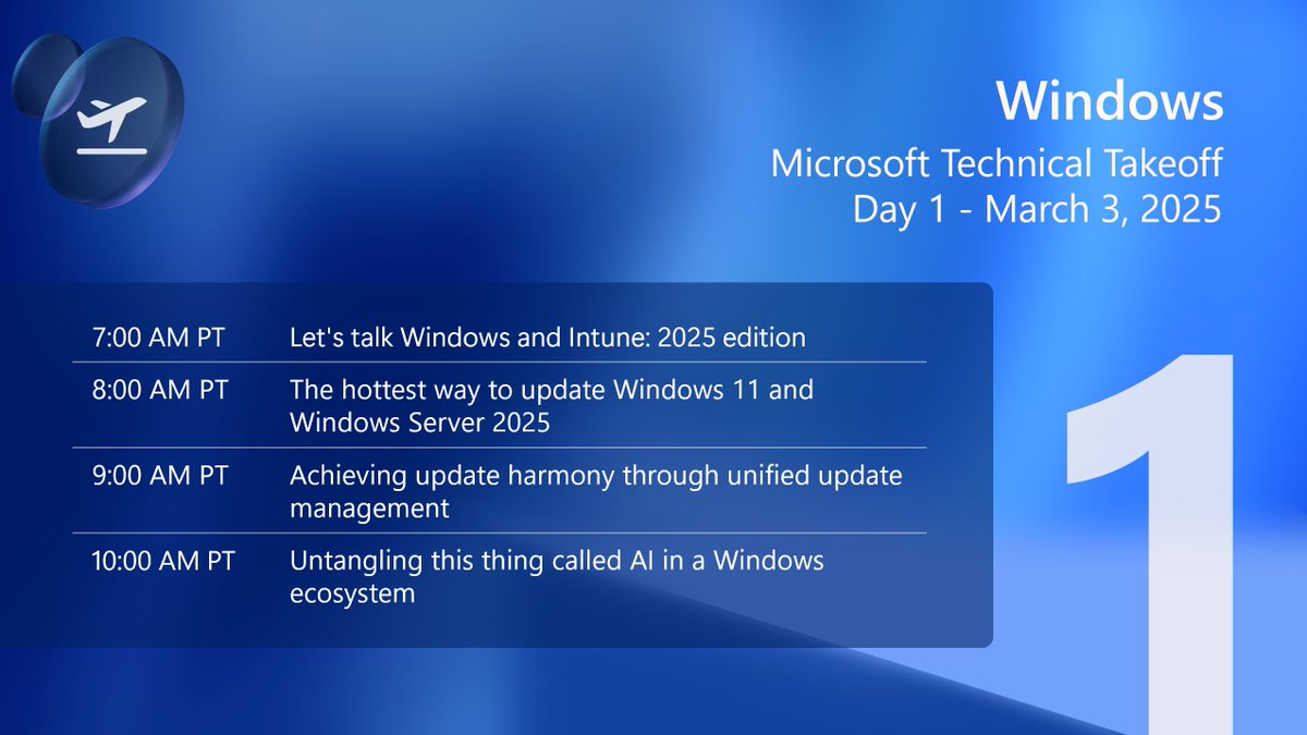 MSWindowsITPro's tweet image. See you Monday the kickoff of Microsoft Technical Takeoff! Visit aka.ms/TechTakeoff for the full agenda and see below👇for what&apos;s in store for #Windows on day one. #TechTakeoff