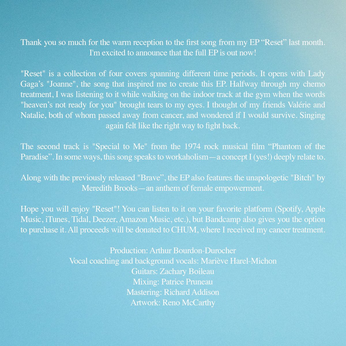 My EP “Reset” is out now!
ffm.to/resetid

It spans different time periods and covers my favorite songs from <a href="/SaraBareilles/">Sara Bareilles</a>, <a href="/ladygaga/">Lady Gaga</a> and <a href="/MeredithBrooks/">MeredithBrooks</a>. Hope you’ll enjoy it!

#MusicRelease 
#cancersurvivor