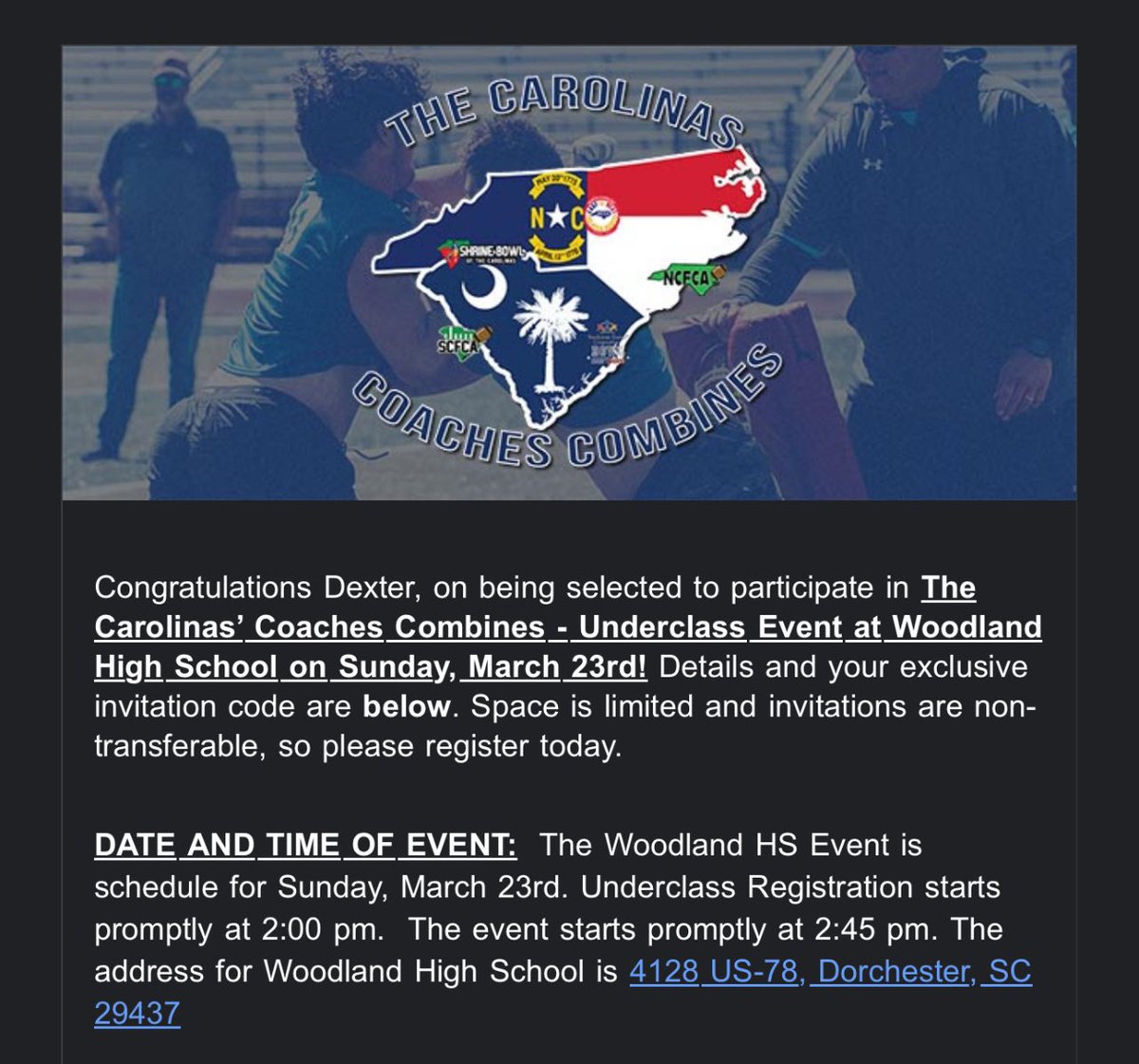 Huge thanks to <a href="/CoachesCombines/">Carolinas Coaches Combine</a> for the invite to the Underclass Event! Im grateful for the opportunity to showcase my talent! Cant wait to compete! <a href="/bigneal51/">Coach Hall, M.S.,USAW🔰🌊</a> <a href="/G_Yeldell7/">Coach Y 🐶⛓</a>