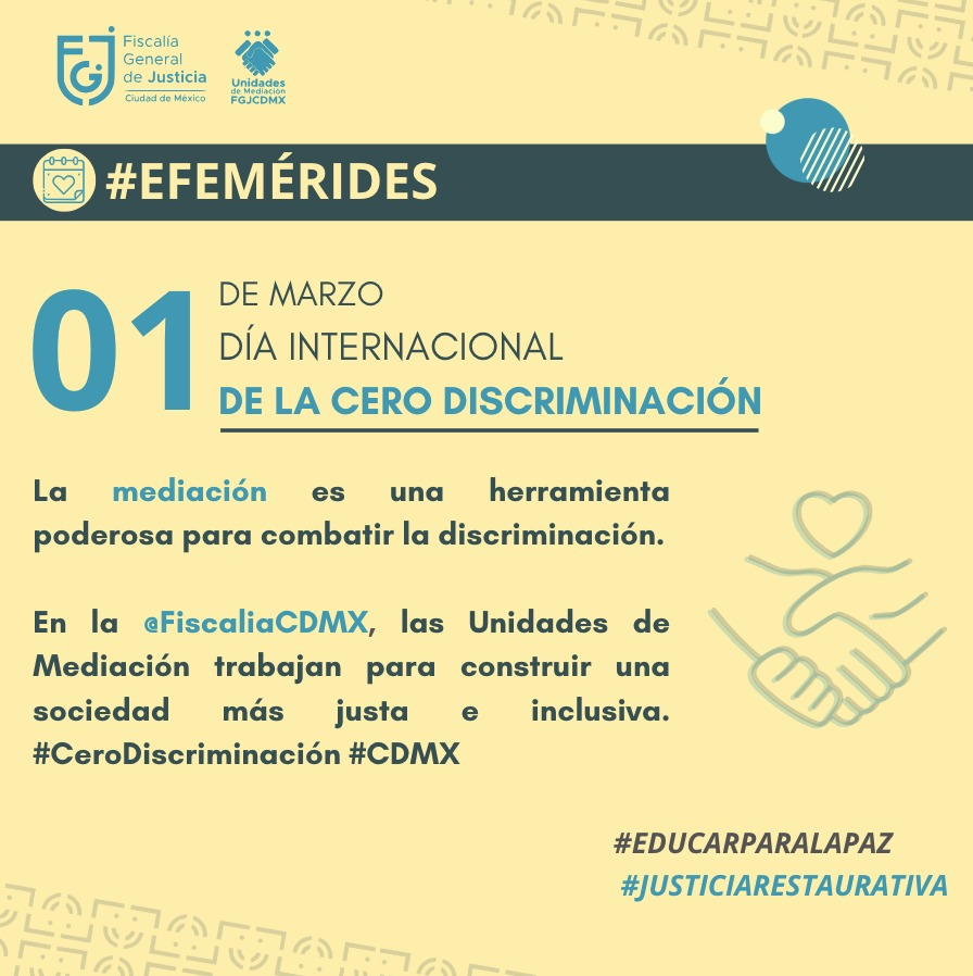 Si has sido víctima de discriminación, recuerda que en la Ciudad de México puedes acudir a las Unidades de Mediación de la <a href="/FiscaliaCDMX/">Fiscalía CDMX</a>. ¡No estás solo! #DíaDeLaCeroDiscriminación #CeroDiscriminación