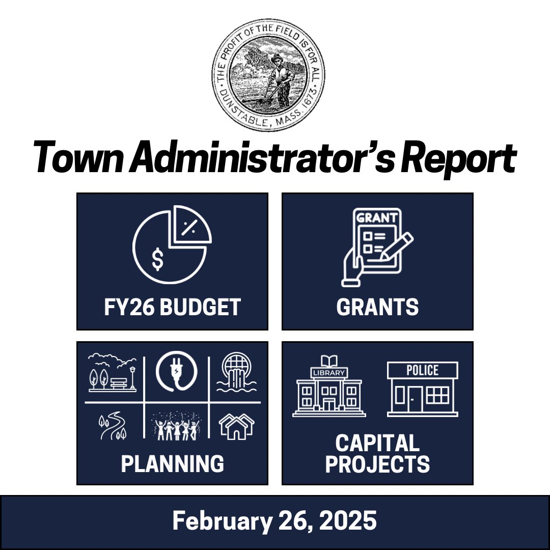 JaSizz's tweet image. Check out the latest Town Administrator’s Report for updates in Dunstable, including affordable housing developments, FY26 budget and capital plans, planning initiatives, projects at the police station and library, and upcoming grant opportunities: dunstable-ma.gov/sites/g/files/….