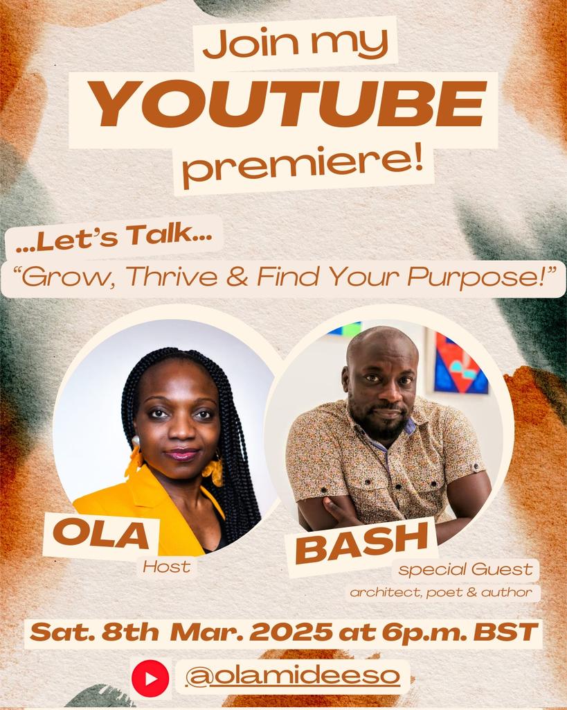Olamide Eso (@olamide_eso) on Twitter photo ✨ Heart-to-Heart with Bash Amuneni ✨
Join my YouTube Premiere on Saturday, March 8th, 2025, at 6 PM (BST) for an inspiring conversation with <a href="/bashamuneni/">Bash Amuneni</a> —Architect, Poet, Storyteller, and Global Creative Consultant! 🌍
youtube.com/@olamideeso?si…
#HeartToHeart #YouTubePremiere ✨ Heart-to-Heart with Bash Amuneni ✨
Join my YouTube Premiere on Saturday, March 8th, 2025, at 6 PM (BST) for an inspiring conversation with <a href="/bashamuneni/">Bash Amuneni</a> —Architect, Poet, Storyteller, and Global Creative Consultant! 🌍
youtube.com/@olamideeso?si…
#HeartToHeart #YouTubePremiere