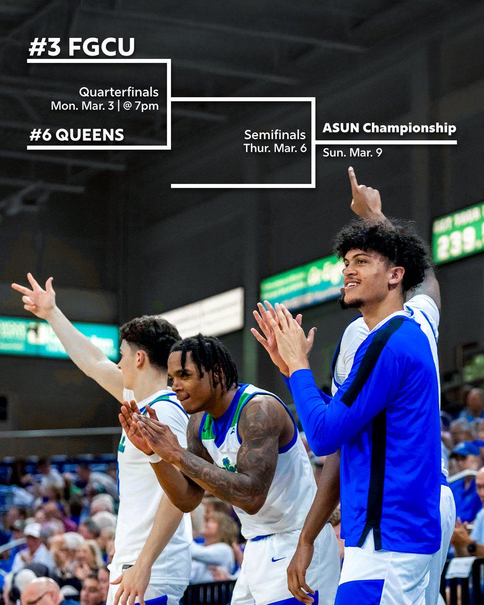 All eyes on Monday. Home postseason game at the nest 👀

🏀 ASUN Quarterfinals
🆚 #6 Queens
⌚️ 7 p.m.
📍 Alico Arena
🎟️ rb.gy/kzqa4n

#Attitude