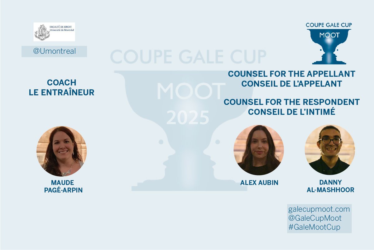La meilleure équipe française de la #GaleCupMoot non qualifiée pour le tour final est :

Montreal Respondent/ L’intime @Umontreal <a href="/droitumontreal/">Faculté de droit,UDM</a>