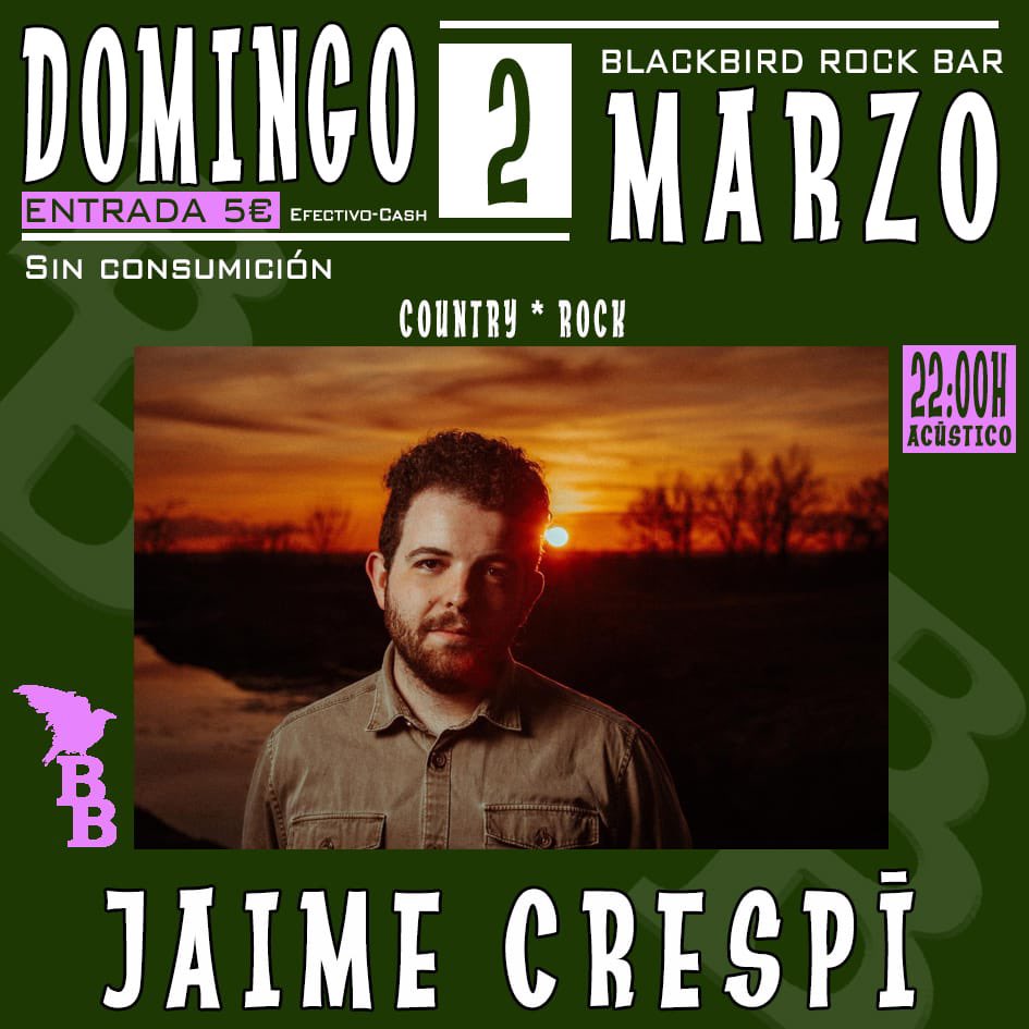 Mañana domingo <a href="/JaimeCrespi/">Jaime Crespí</a> en acústico ,ofreciéndonos lo mejor de su carrera y algunas versiones chulas! A las 22h ! Reservas por MD en rrss o al mail blackbirdrockbar@gmail.com. #rock #cantaautor #madrid #blackbirdrockbird #marzo #domingo #sunday #livemusic #conciertos