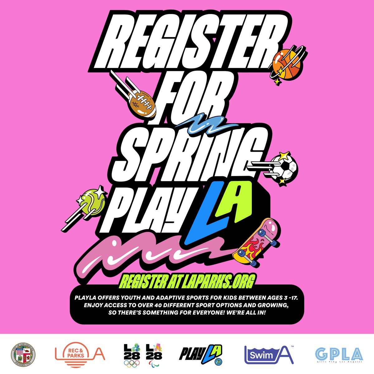 LACity's tweet photo. PlayLA offers classes and clinics for youth sports and adaptive youth sports at just $10 a program! 🏀🎾⚽️🏈
Registration for the PlayLA SPRING season is now open! For more information, visit https://t.co/4TXIsfuhNb #LAParks #ParkProudLA https://t.co/IJxAUw1qLL