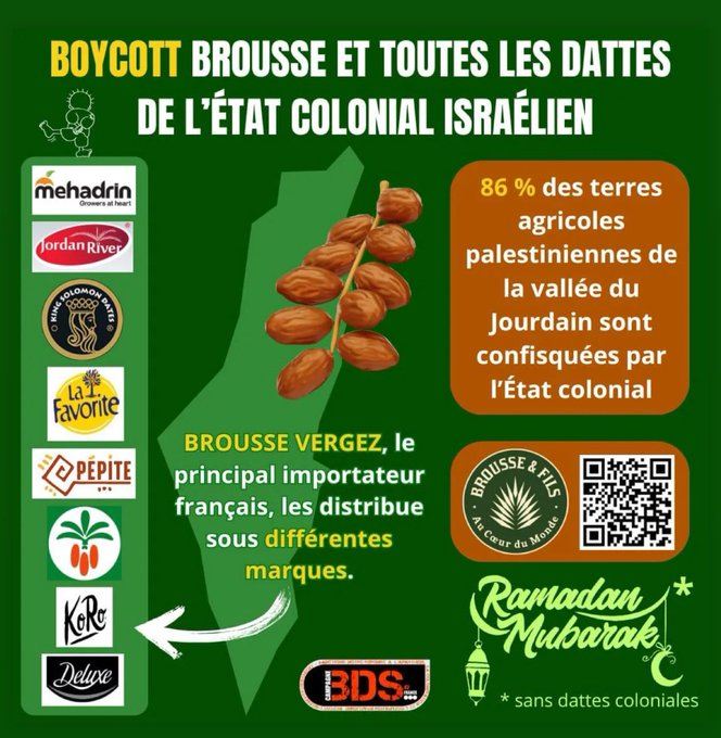 Alkanz's tweet image. Faut faire tourner afin d&apos;éviter que les centaines de tonnes de dattes israéliennes finissent sur nos tables ou dans nos mosquées à l&apos;heure de l&apos;iftar.

Gros soutien à @BDS422 et @MoonMonira pour leur engagement sans faille