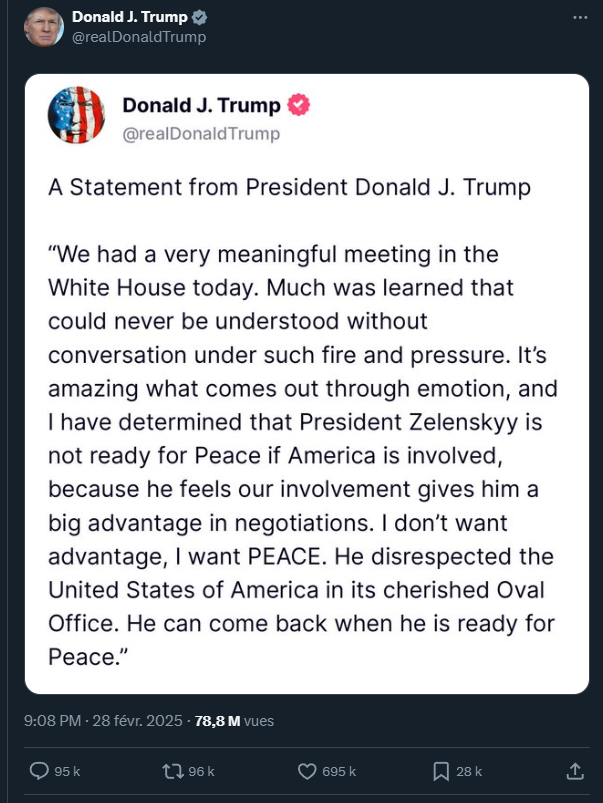 Chamchamat's tweet photo. @clement_molin Pour l'anecdote: un tweet caricaturant Trump en chien de Poutine approche des 700k likes, autant que le tweet de Trump hier, avec un ratio like/vue 3X plus élevé. Incroyable quand on connait l'orientation politique qu'à pris X ces dernières années https://t.co/EXiweLfT12