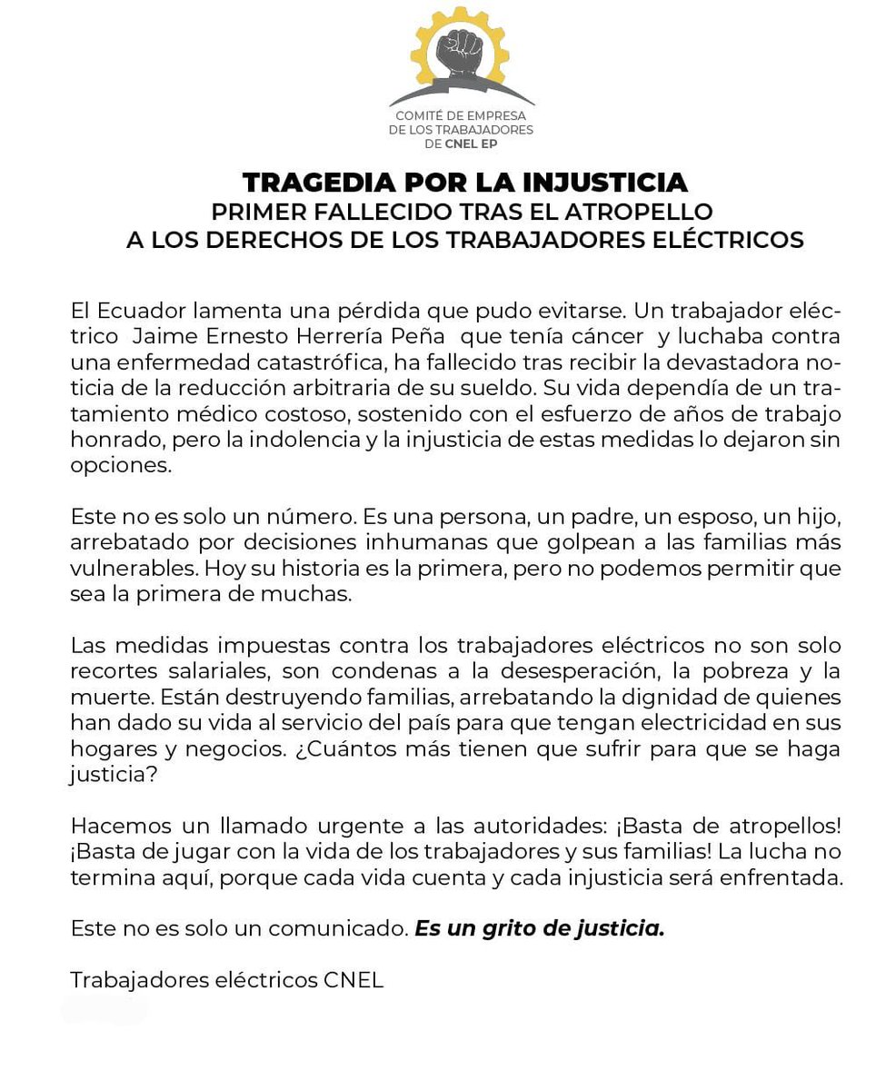 🇪🇨 Jaime Ernesto Herrera Peña, trabajador eléctrico y padre de familia, perdió la batalla contra el cáncer, pero también contra la injusticia. La Corte Constitucional le arrebató su sustento, dejándolo sin poder costear su tratamiento. 

Hoy, su partida es un grito de