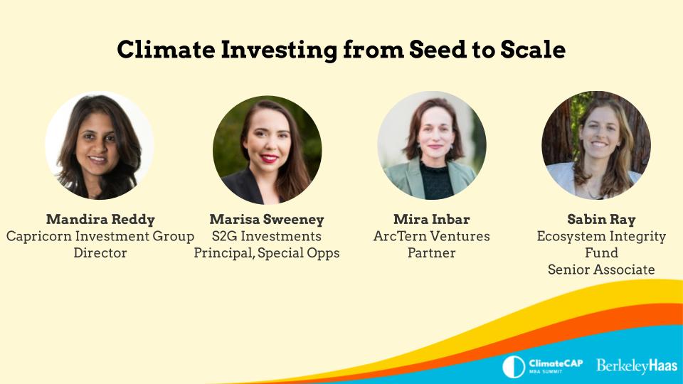 Final session at #ClimateCap at <a href="/BerkeleyHaas/">Haas School of Business</a>! Excited to hear from <a href="/S2Ginvestments/">S2G Investments</a> + <a href="/ArcternVC/">ArcTern Ventures</a> + <a href="/EcosystemFund/">Ecosystem Integrity</a> + Capricorn Investment Group on seed to scale climate investing