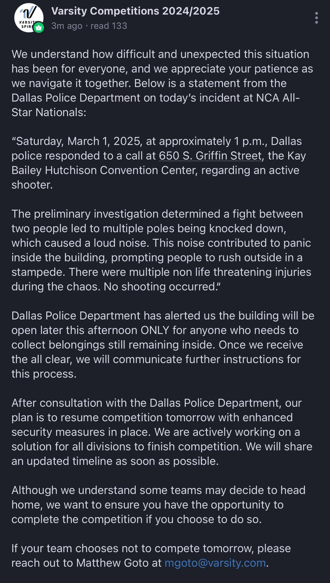 cheerUPDATES's tweet photo. Event Update: #NCAnationals 
3/1/25 4:10pm CT

Event plans to proceed tomorrow (Sunday) with increased security measures. 

Facility will be open later this afternoon to people needing to pick up belongings. 

Varsity did acknowledge some teams may choose to end participation. https://t.co/3Ka0pwnsQB