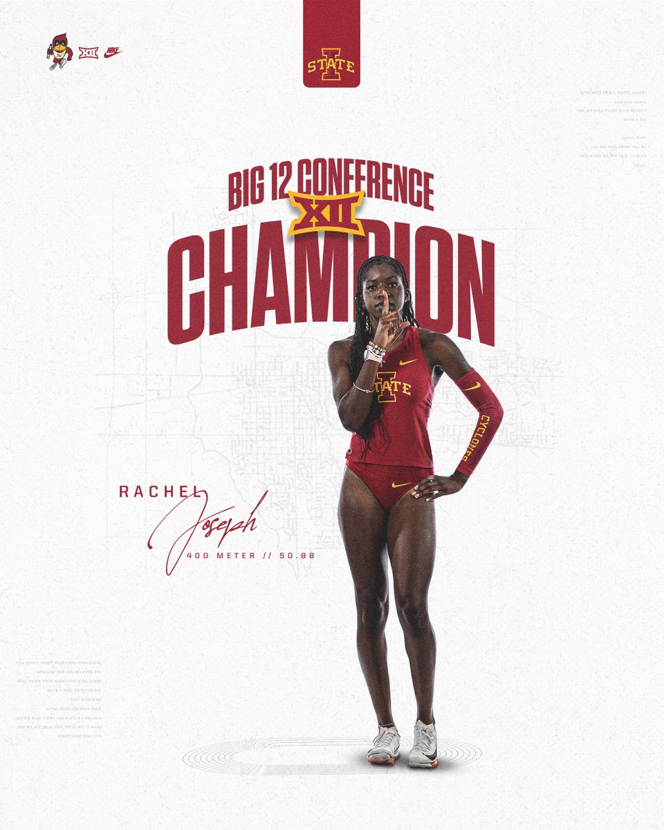 CycloneTrackXC's tweet photo. Crown her.

Rachel Joseph. The 400m star takes the Big 12 title with a blazing 50.88, taking down the indoor school record for the seventh time. 

#CycloneSZN https://t.co/eFEll1xuWm