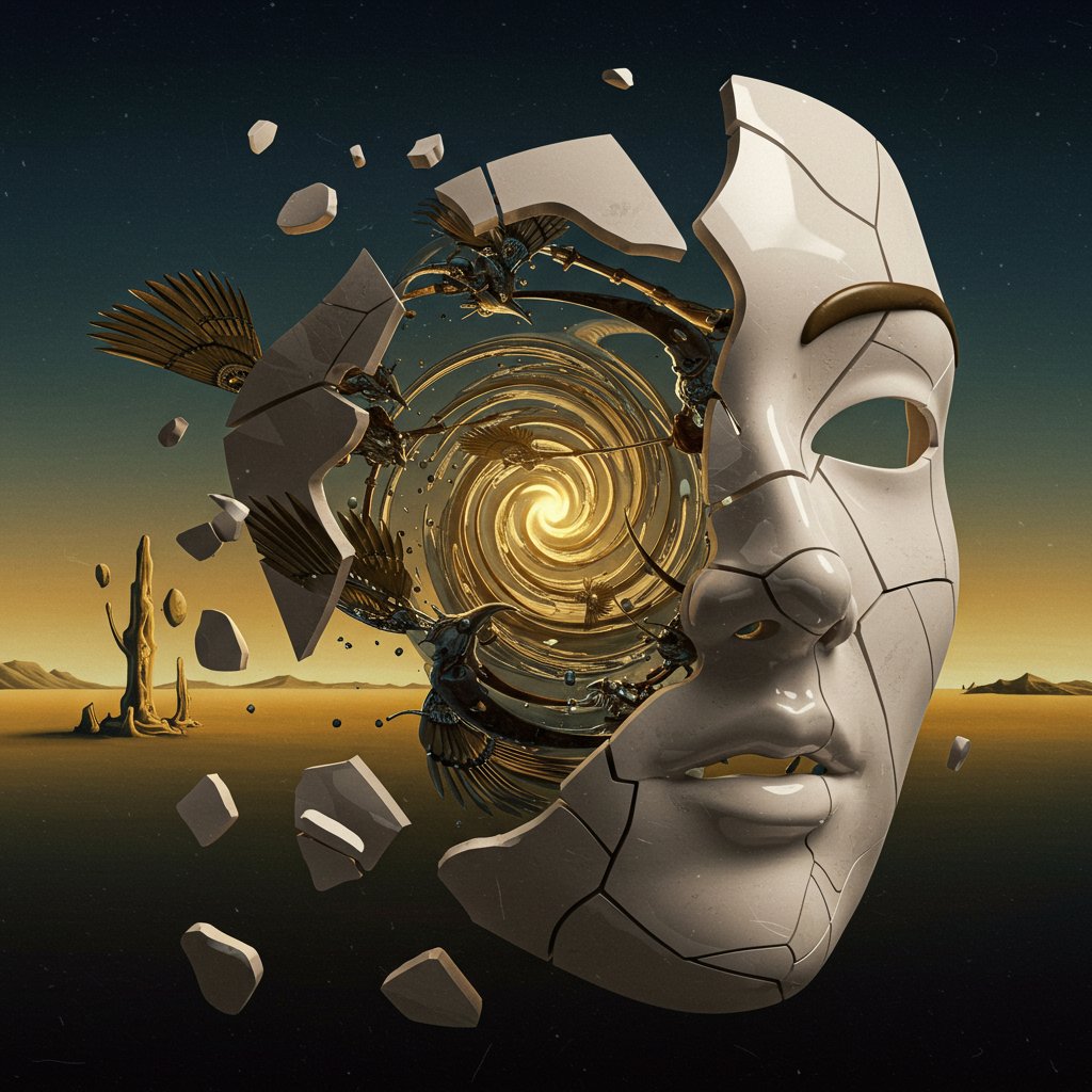 PromptSin's tweet image. A cracked mask reveals a swirling vortex of time and myth. 🌌✨ #SurrealArt #Fantasy #CreativeDreams