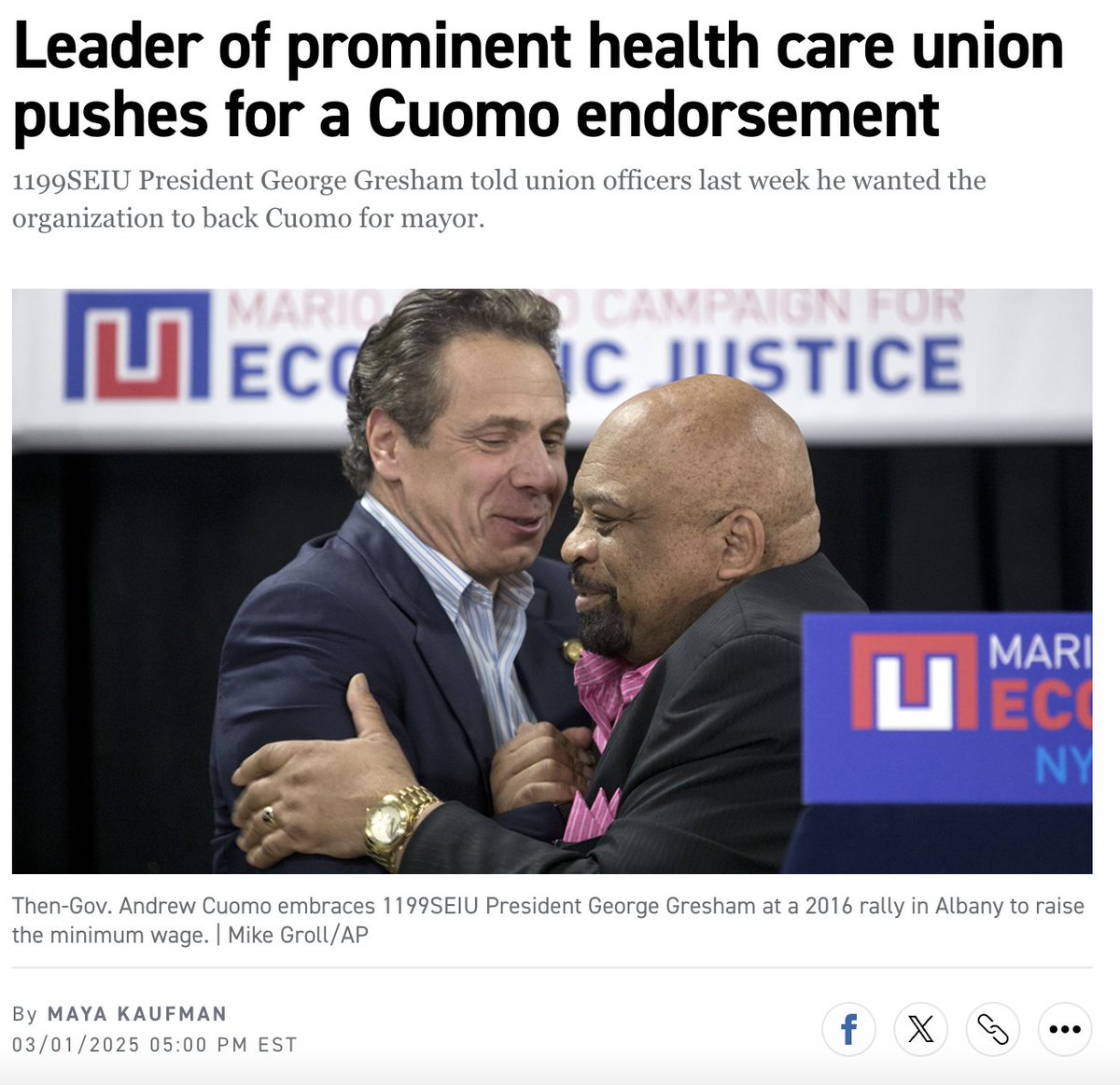 mayakauf's tweet image. Former Gov. @andrewcuomo already has the apparent support of 1199SEIU President George Gresham for his New York City mayoral bid, but the health care union’s other officers are pushing him to delay.