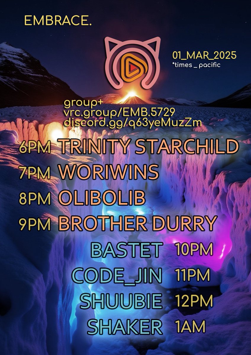 EmbraceVRC's tweet photo. Hey everyone, we're starting March off with some bangers! We've got an amazing line-up of 8 DJ's for you to enjoy in our Winter Wonderland. Come explore, party, vibe and have a great time!
See you all soon! Group link below↙️
https://t.co/1tUIkp66g6 https://t.co/j7sP9h3Wkj