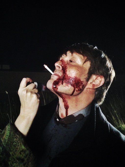 TheCinesthetic's tweet photo. Mads Mikkelsen on the set of Hannibal. https://t.co/lDLzRl7WPZ