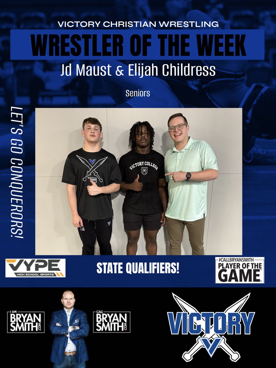 iambryansmith's tweet photo. It’s Wreslting time in Oklahoma! #CallBryanSmith Player of the Game™️- Wrestling Edition!

VCS was on Fire last week! 

The #callbryansmith Wrestlers of the Week are JD Maust &amp; Elijah Childress  of Victory Christian! 

-Content Partner w/Vype Highschool Sports-
@Thaddylonglegs https://t.co/Yk5JDP2SEv
