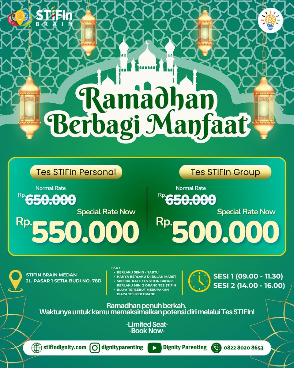 stifinbrainmdn's tweet image. Ramadhan Berbagi Manfaat: Diskon Spesial Tes STIFIn untuk Ananda!

Kini, di bulan Ramadhan yang penuh keberkahan, kami hadir dengan promo spesial:
✅ Tes STIFIn Personal HANYA Rp550.000 (dari Rp650.000)
✅ Tes STIFIn Grup HANYA Rp500.000/orang (dari Rp650.000)

#TesSTIFIn
