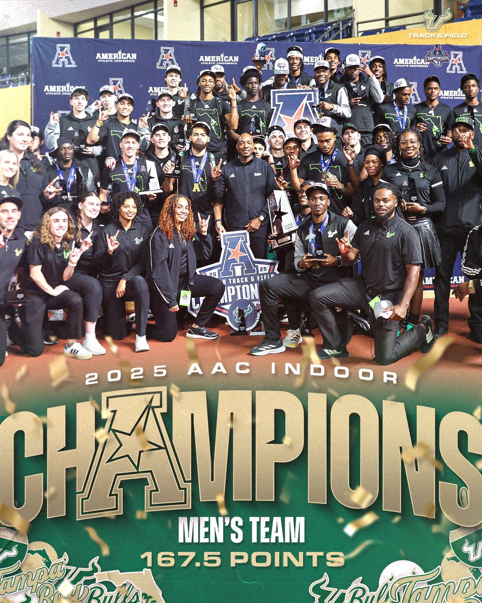 BACK-TO-BACK CHAMPS! 🏆🐂

Our Bulls are the 2025 AAC Men’s Indoor Track &amp; Field Champions for the second year in a row! 🔥

#HornsUp🤘
#ComeRunWithTheBulls🐂