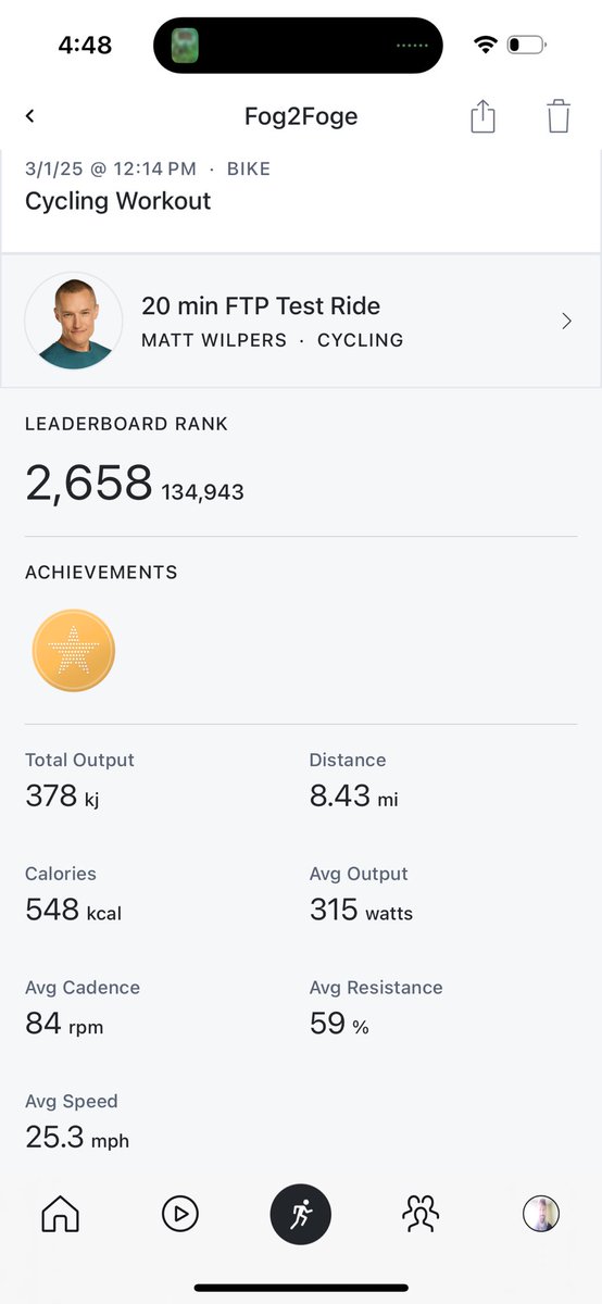 Fog2Foge's tweet photo. Big thanks to @MattWilpers for helping hit my personal best on the FTP test on @onepeloton Improved my PR by 28 kj &amp; beat my February test by 73 kj.
I’m training for a bike trip to raise funds for people experiencing homelessness for @CherryWillowApp 
#cherrywillow #progress #PR https://t.co/9bTRpsPOYe