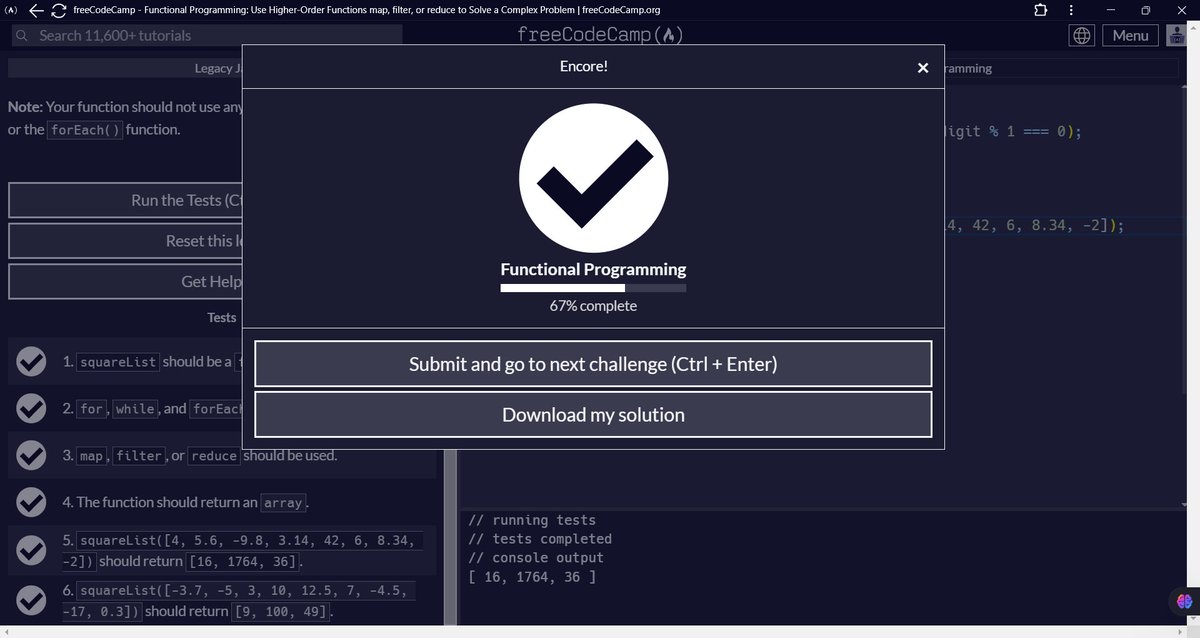 ekojoecovenant's tweet image. Day 98:

FreeCodeCamp:
- Learnt high level functional programming methods (.map, .filter and .reduce)

#100DaysofJavaScript #Day98