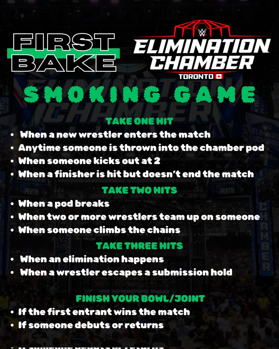 WWE Elimination Chamber "High Stakes" Game! 🔥💨

Watching Elimination Chamber? Make it more fun with this stoner-friendly game! Grab your favorite strain and play! 
Who's your pick to win?  #WWEliminationChamber #StayLit

<a href="/BadPantsMedia/">Bad Pants Media</a> @BadPantsDan <a href="/F1rstbake/">First Bake</a>