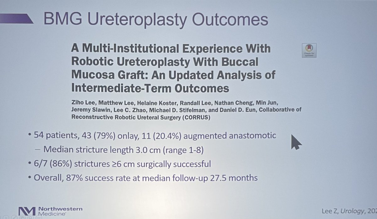 Ricardo Soares (@soares_uro) on Twitter photo Bucal mucosal graft for ureteral stricture <a href="/ZLeeGU/">Ziho Lee</a> <a href="/NM_Urology/">NM Urology</a>
- onlay can be done with very long strictures
- high success with augmented anastomotic repairs for complete obliteration
<a href="/RoboUro/">North American Robotic Urology Society | NARUS</a> #narus2025 Bucal mucosal graft for ureteral stricture <a href="/ZLeeGU/">Ziho Lee</a> <a href="/NM_Urology/">NM Urology</a>
- onlay can be done with very long strictures
- high success with augmented anastomotic repairs for complete obliteration
<a href="/RoboUro/">North American Robotic Urology Society | NARUS</a> #narus2025