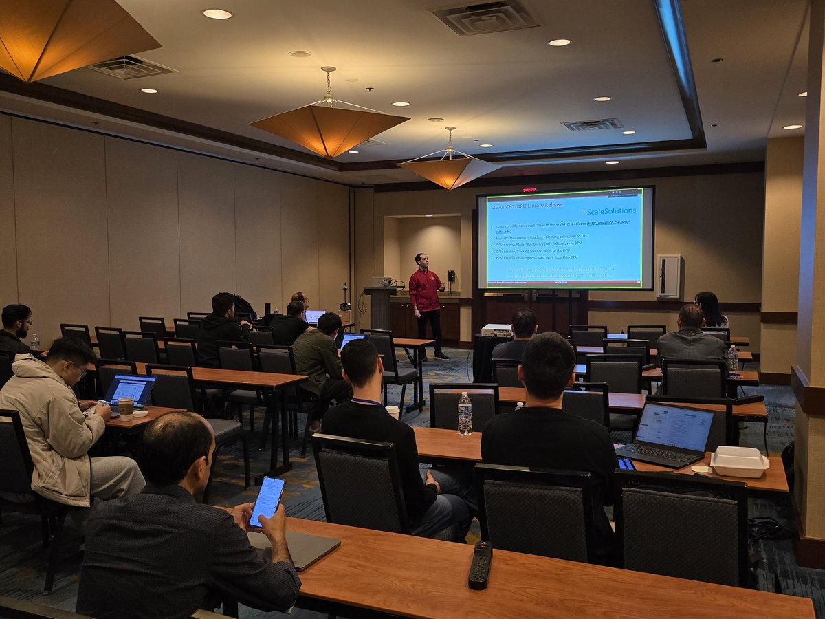 mvapich's tweet image. Some highlights from today&apos;s HPC networking tutorial at @HpcaArchConf with @mvapich members Prof. DK Panda and PhD Student Benjamin Michalowicz!! 

#mvapich #ai #hpc #nvidia #hpcnetworks #hpca2025 #ppopp2025 #mpi #supercomputing