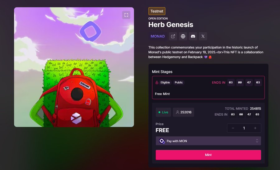 Update Monad #airdrop

Mint NFT miễn phí trên Monad Testnet nhé ae

NFT của Hedgemony x Backpack

✅ Mint tại đây: magiceden.io/mint-terminal/…

Kết thúc sau 3 ngày
Mint nó để tạo một tương tác hợp đồng trên Monad testnet, biết đâu lại dc gì từ 2 dự án kia 🤣