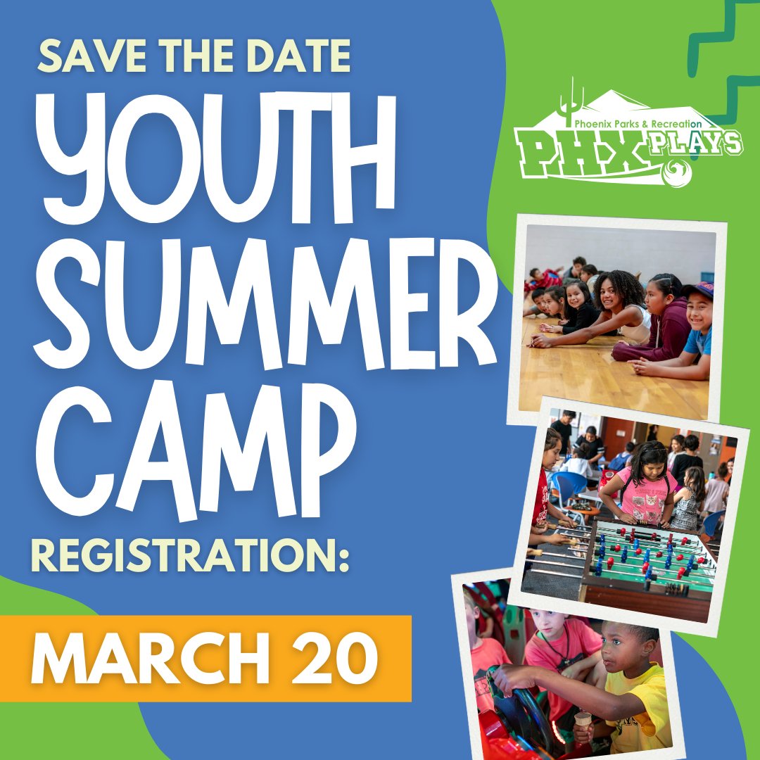 📌 SAVE THE DATE!
⁣⁣
Sign your kids up for a summer of fun with #PHXParks. Youth summer camp registration opens March 20th at noon! ⁣⁣Spots fill quickly, so be prepared! ✅ ⁣
⁣
View available camp options now 🔗: bit.ly/3EVFbDc