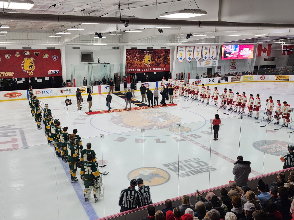 Honoring the legendary Bob Daniels, the fifth-most winningest coach in NCAA hockey history before the <a href="/FerrisHockey/">Ferris State Hockey</a> <a href="/NMUHockey/">Northern Michigan Hockey</a> game. A historic moment in <a href="/CCHAHockey/">CCHA</a>.