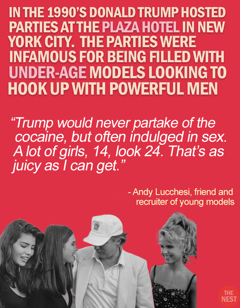 RapinDonaldHQ's tweet image. Donald Trump hosted parties in the 90's that were filled with underage girls.
Here are statements from women who attended the parties Trump co-hosted with legendary pedophile John Casablancas when they were minors.
There is also a statement from a recruiter for Trump's Plaza…