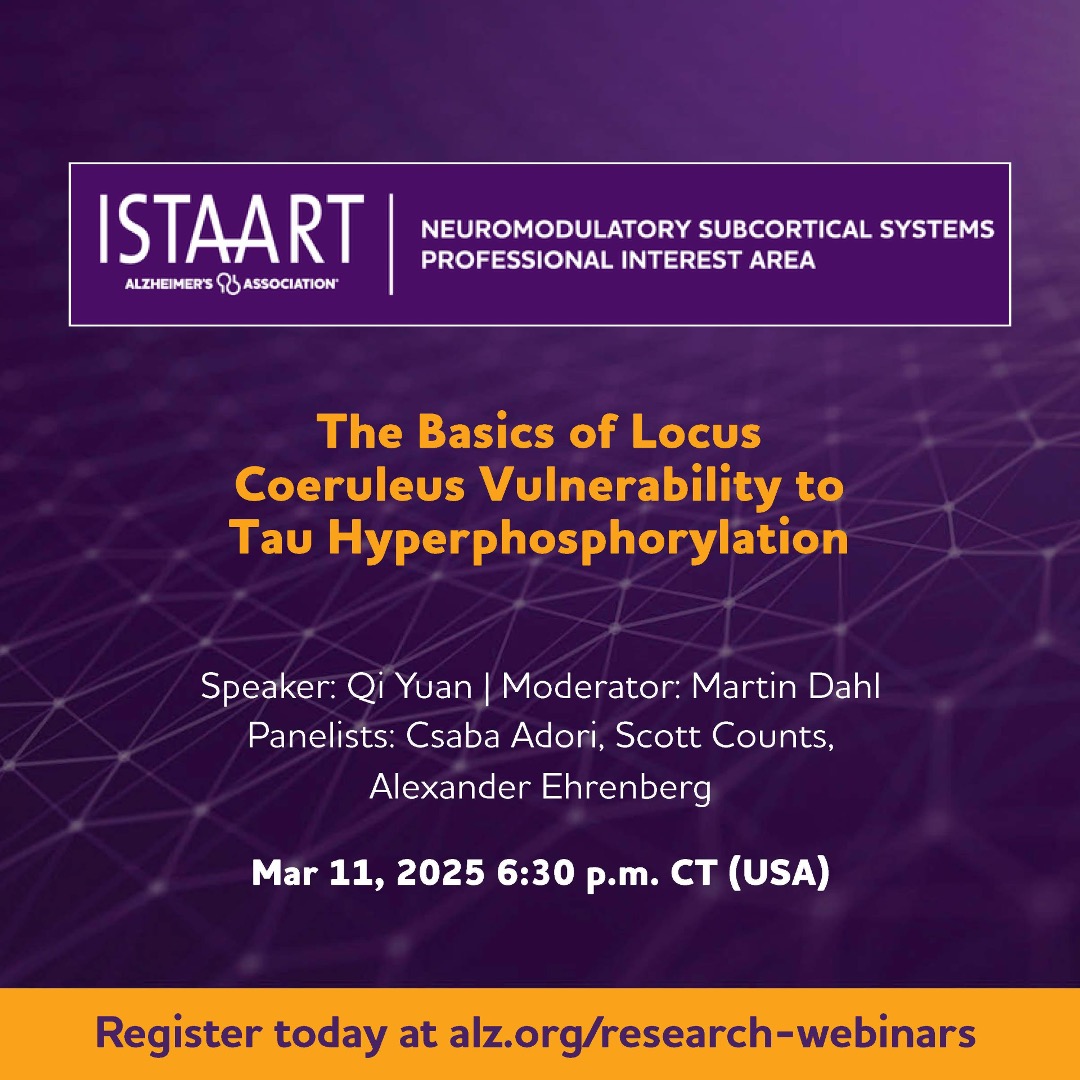 "📢 <a href="/ISTAART/">ISTAART</a> <a href="/NSS_PIA/">Neuromodulatory Subcortical Systems PIA</a> The Basics Series!
🗓️ Tue, Mar 11 – Join us for an insightful session on brainstem LC vulnerability in tau pathogenesis in AD.
Registration: alz-org.zoom.us/webinar/regist…