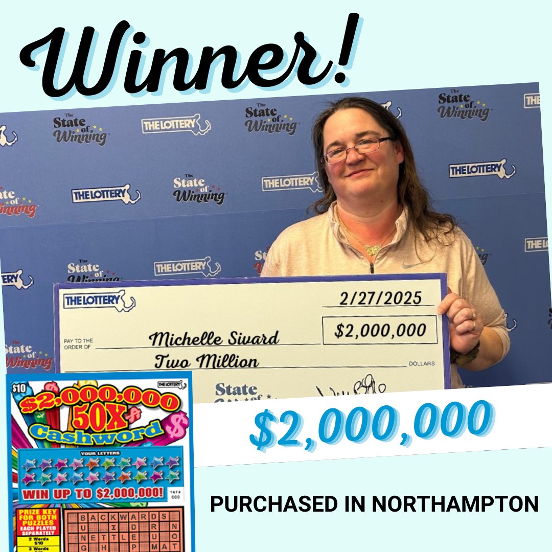 MAStateLottery's tweet photo. $2 MILLION Cashword winner in #Northampton 🤑 She’s got big plans for her winnings, including upgrading her car!
#MassLottery
#Lottery
#InstantTickets
#ScratchTickets
#Cashword
#StateOfWinning https://t.co/E9jF5eUMz7