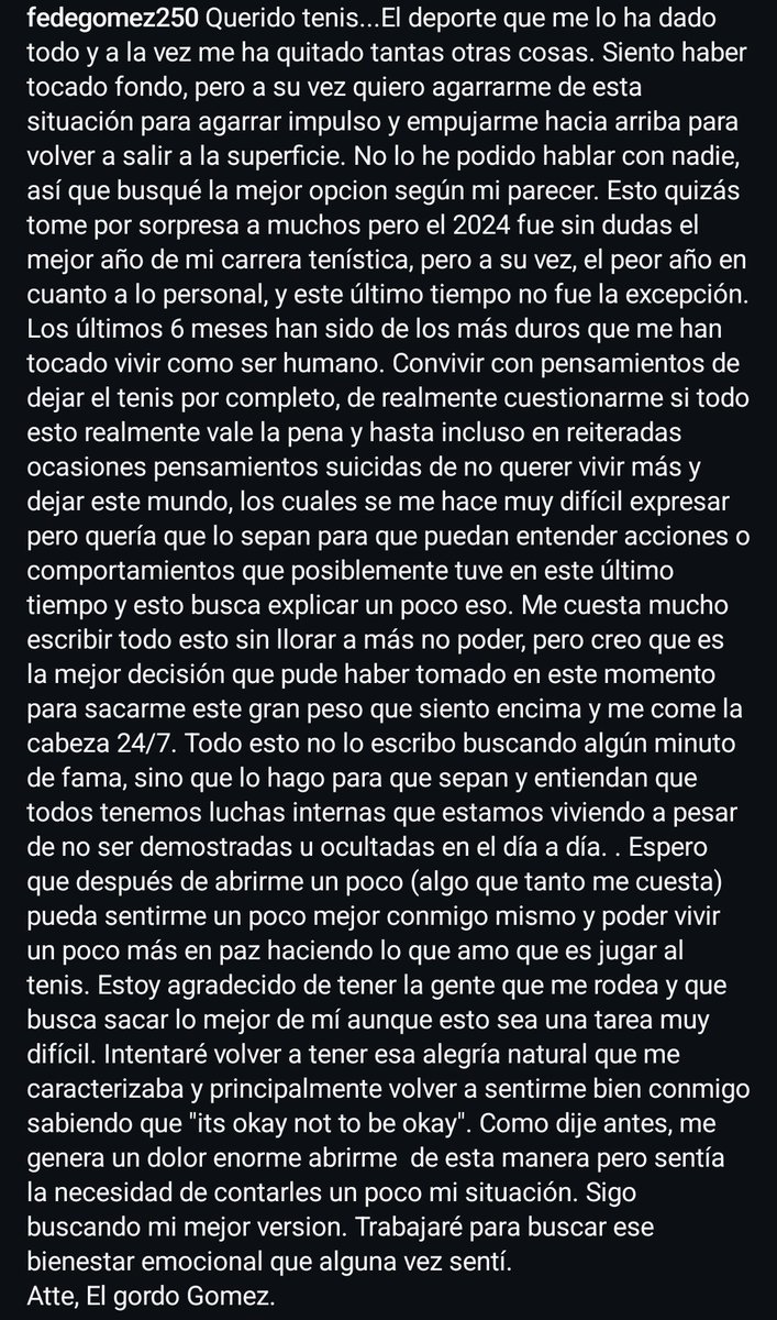 TomasRodriguezC's tweet image. Para los que creen que jugar al tenis es vivir de joda por el mundo.

Atención al mensaje de Federico Gómez🇦🇷, aun viviendo su mejor ranking ATP (133°).