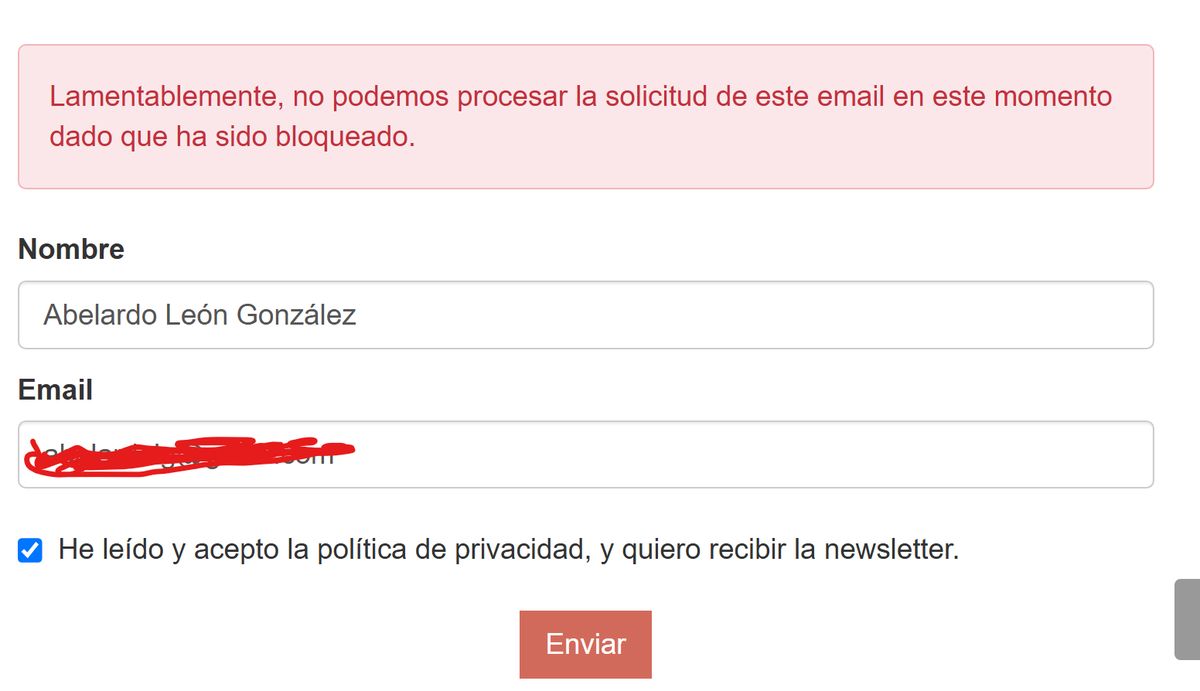 abelardolg's tweet photo. @UnaEditora He querido dar de alta una dirección para suscribirme a tu boletín y me ha salido este mensaje. Si me proporcionas un medio para ponerme en contacto contigo por privado, te pasaré la dirección. Gracias. https://t.co/3A0SqqfWdR