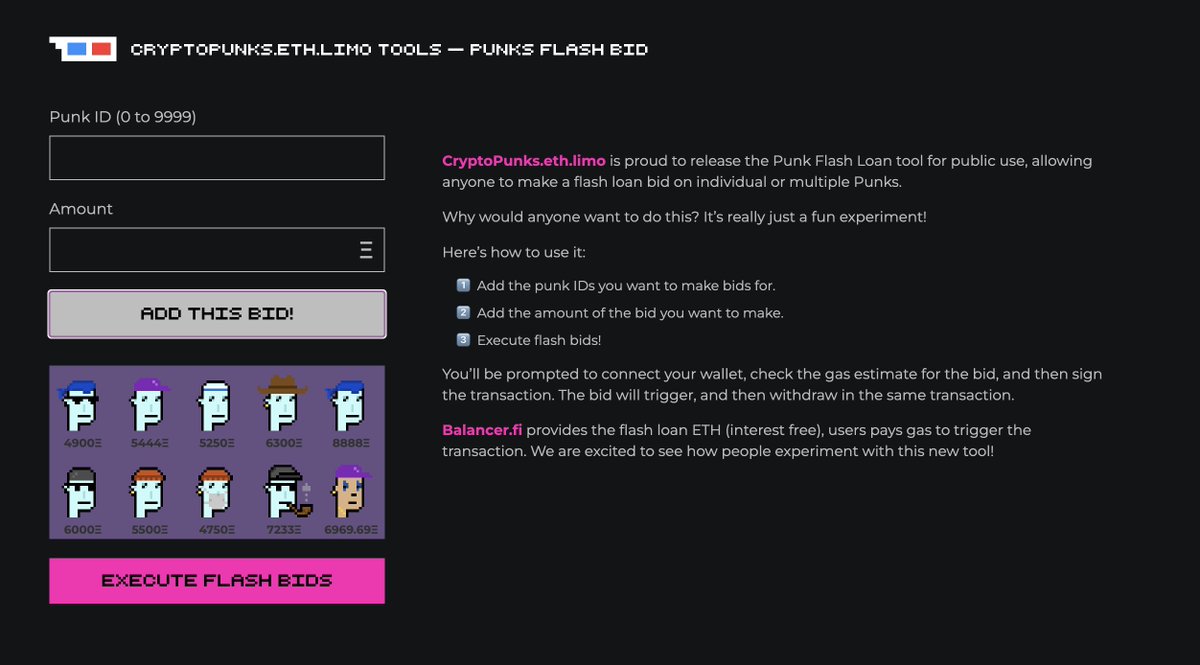 beautiful_nfts_'s tweet image. Punk community! I just ran another experiment on the CryptoPunks marketplace contract.
 
We built something called the Punk Flash Loan bid tool, allowing anyone to make a flash loan bid on individual or even multiple Punks. In this case, bids were placed on every single Alien…
